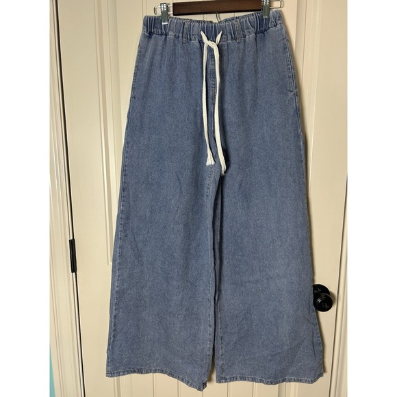 Miou Muse Pants - Miou Muse Women Wide Leg Drawstring Jeans Sz L Blue Denim Pull-on Boho Baggy